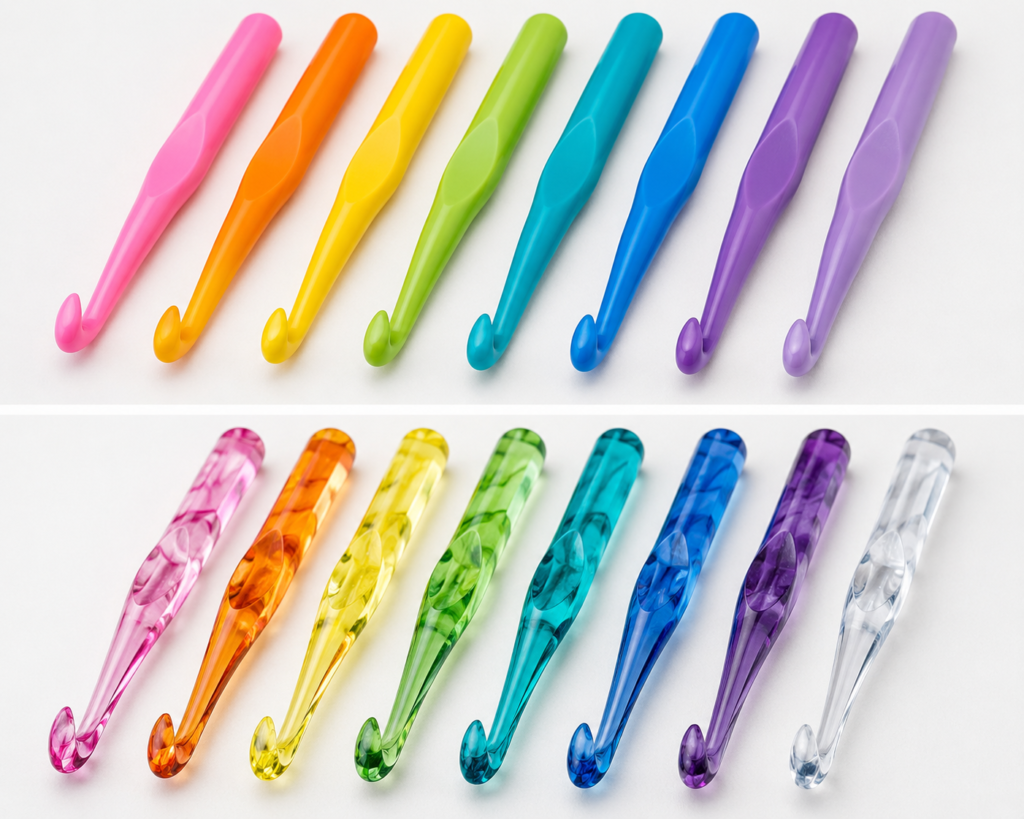 Plastic and acrylic crochet hooks in colorful and transparent styles arranged on a white background.