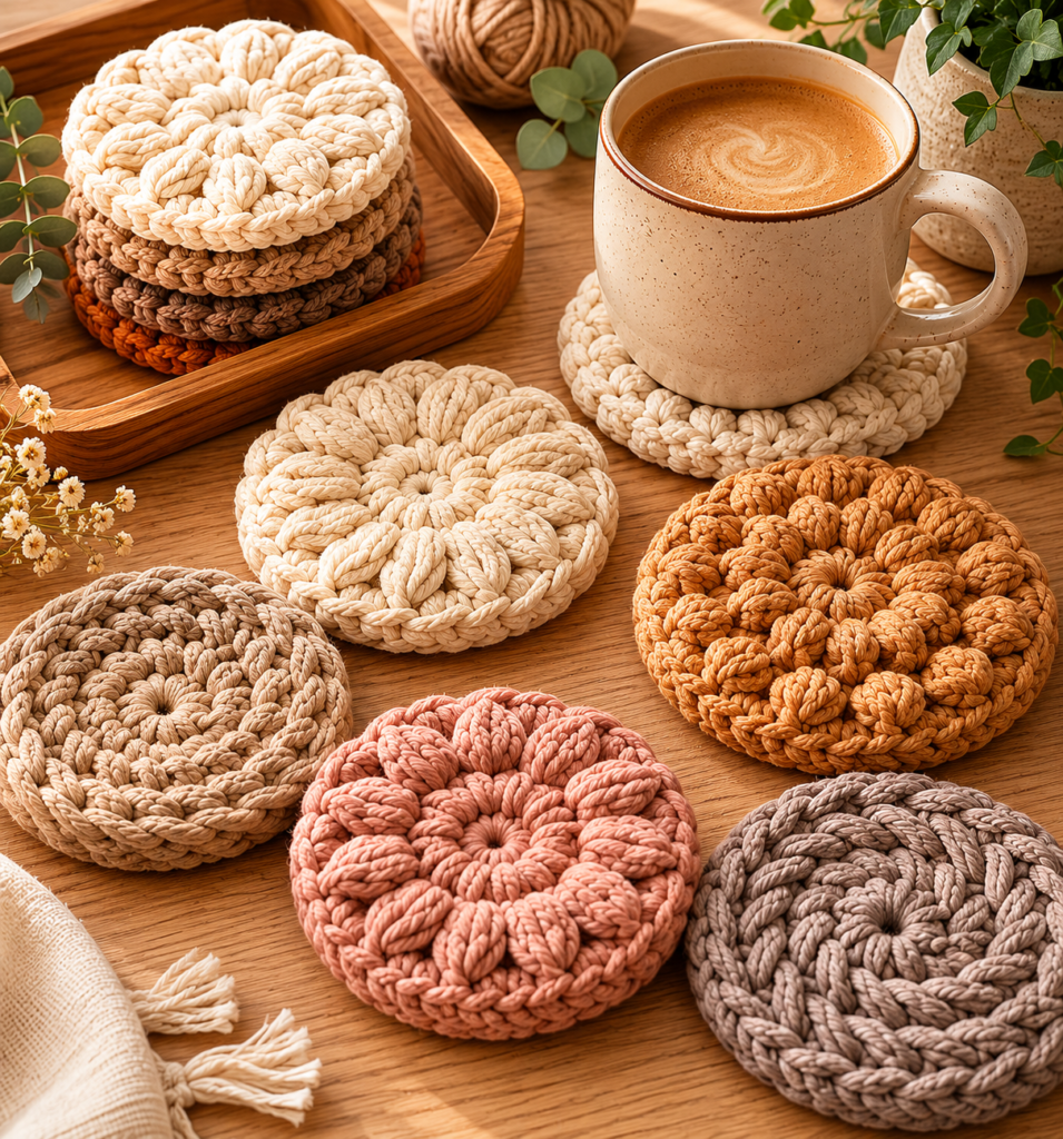 thick crochet coaster with textured dense stitches