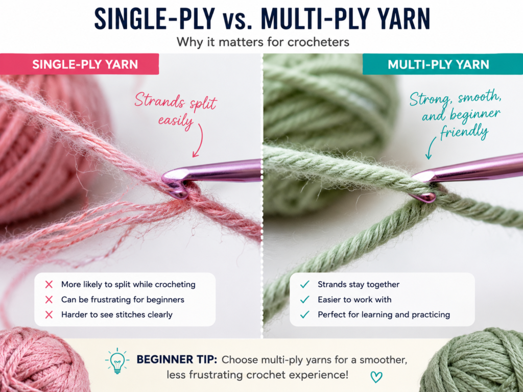 Close-up of single-ply yarn splitting on a crochet hook compared to tightly plied beginner-friendly yarn.