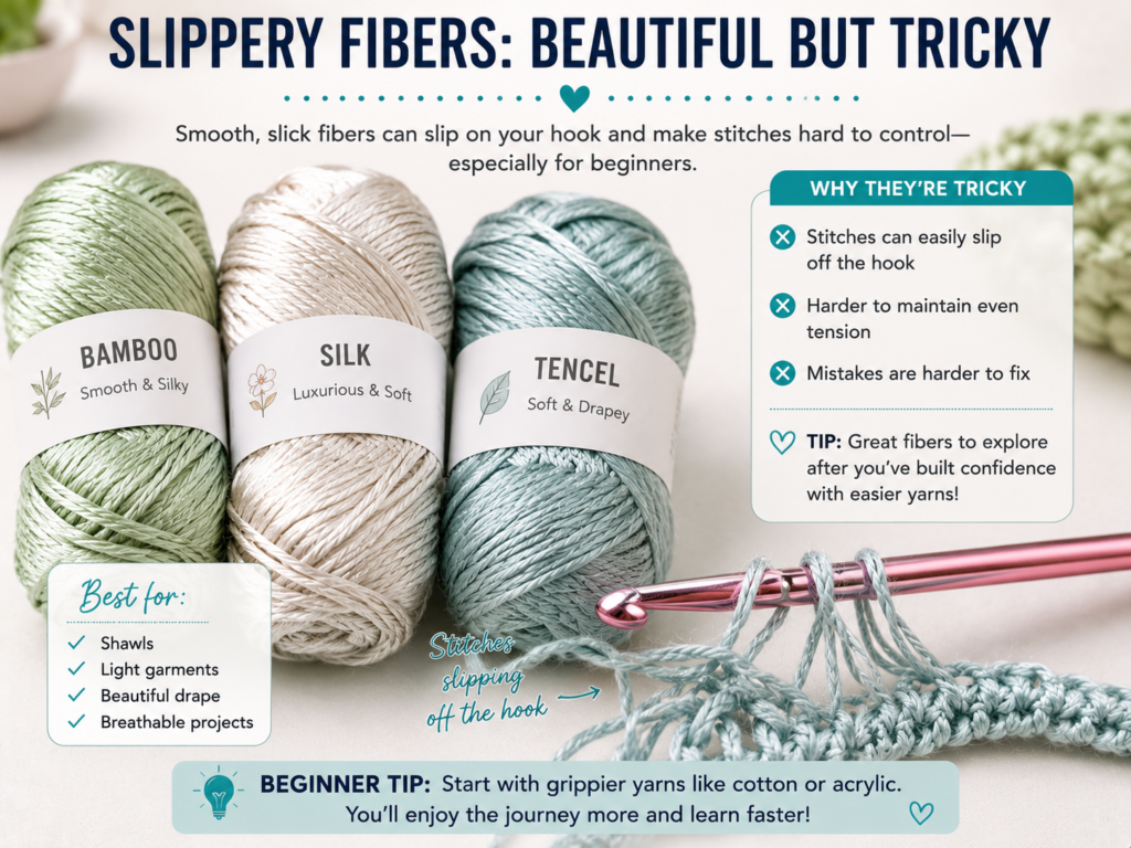 Smooth bamboo and silk yarn slipping from a crochet hook, demonstrating challenging fibers for beginner crocheters.