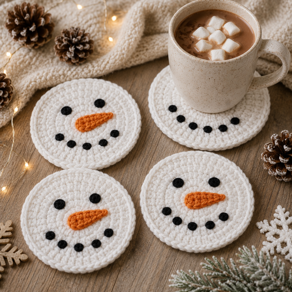 crochet snowman coaster with white yarn and simple face