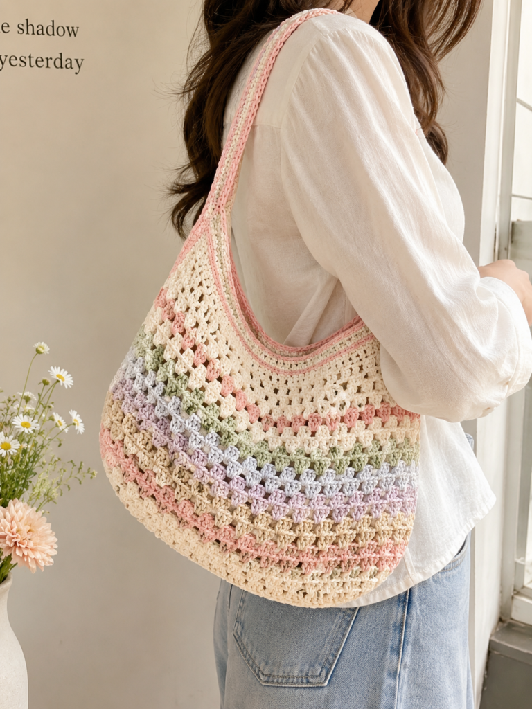 Pastel crochet shoulder bag with curved design worn casually