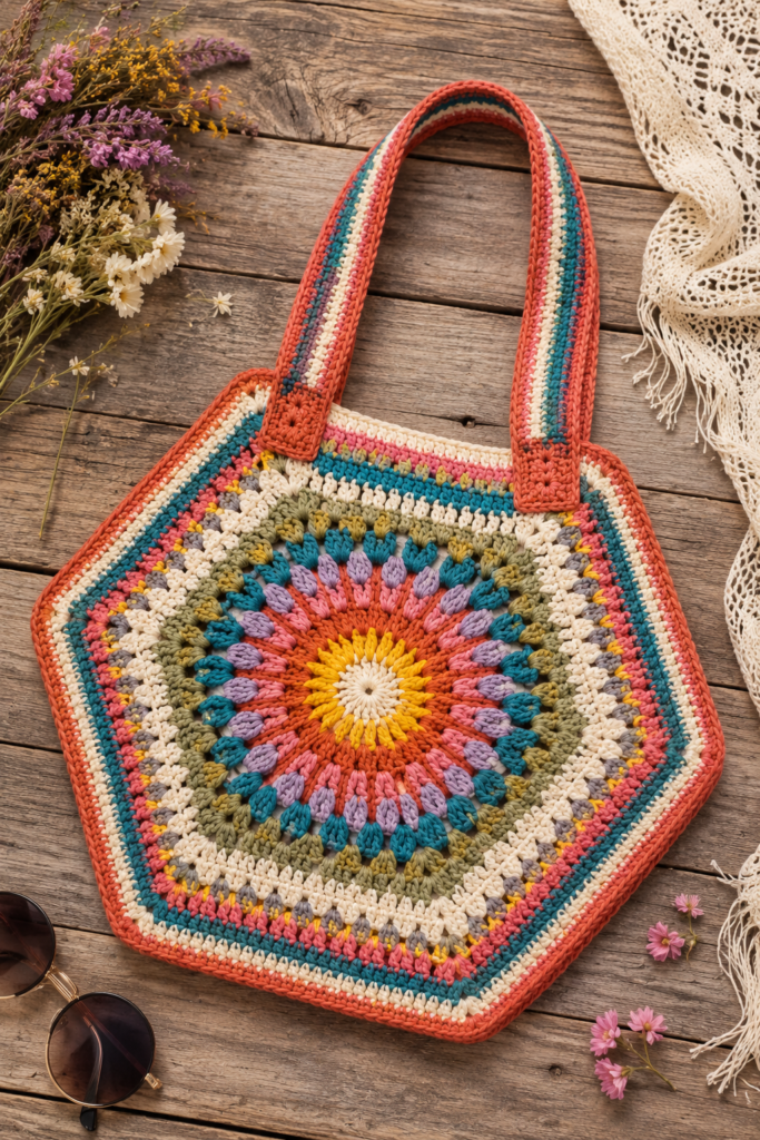 Colorful crochet bag made with sunburst hexagon motifs