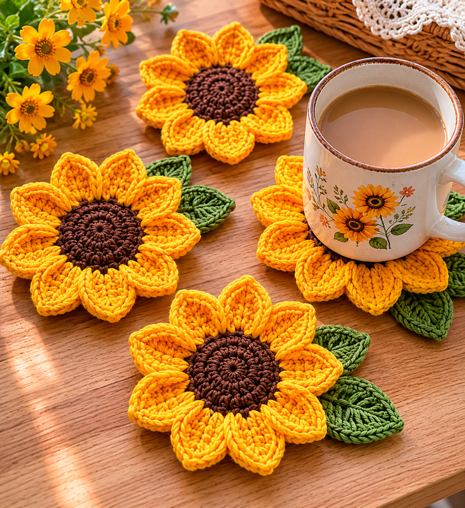 crochet sunflower coaster with yellow petals and brown center
