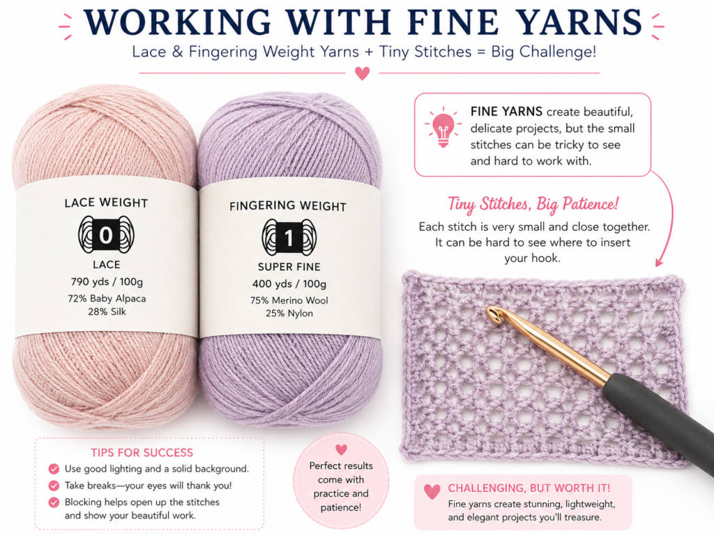 Thin lace-weight and fingering-weight yarn with tiny crochet stitches showing why fine yarn is challenging for beginners.
