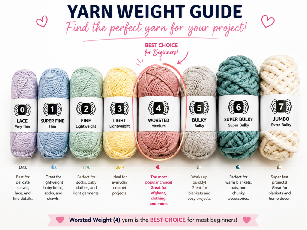 Yarn labels displaying weight symbols with worsted weight number 4 highlighted as the best option for beginners.