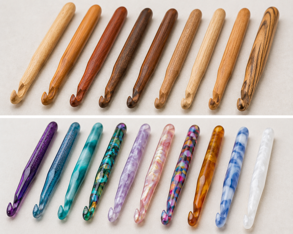 Wooden and resin crochet hooks displayed together with natural wood grains and colorful resin patterns.