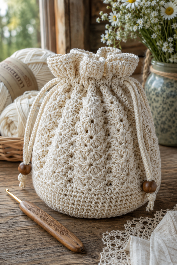 Easy crochet drawstring pouch made with cream cotton yarn and wooden bead drawstrings displayed on a rustic wooden table.