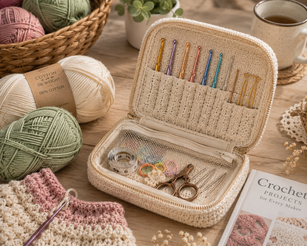 Crochet notions pouch holding crochet hooks, stitch markers, scissors, and other crochet tools.