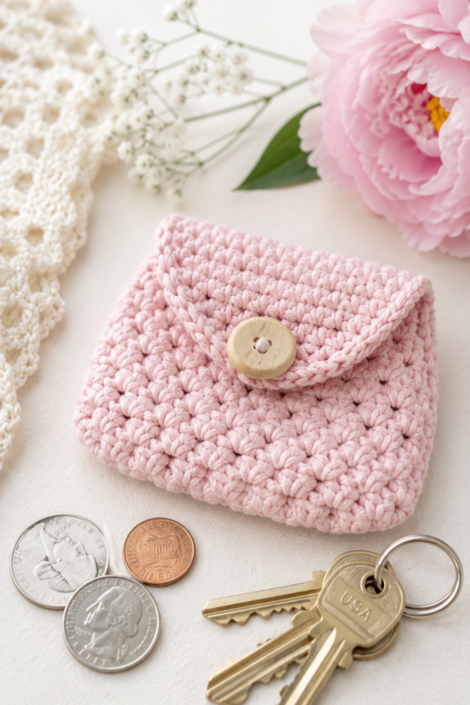 Handmade crochet coin purse with button closure made from pastel pink cotton yarn.