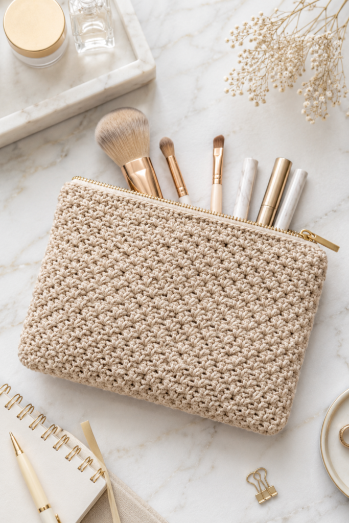 Crochet zipper pouch with moss stitch texture and gold zipper on a white marble surface.