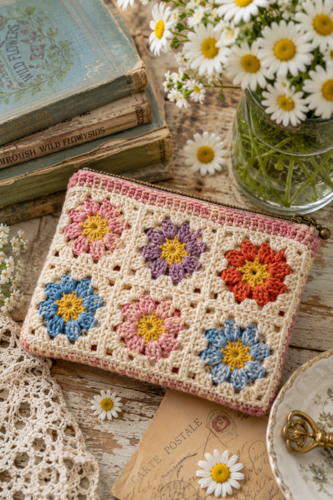 Colorful granny square crochet pouch made from floral granny squares and cotton yarn.
