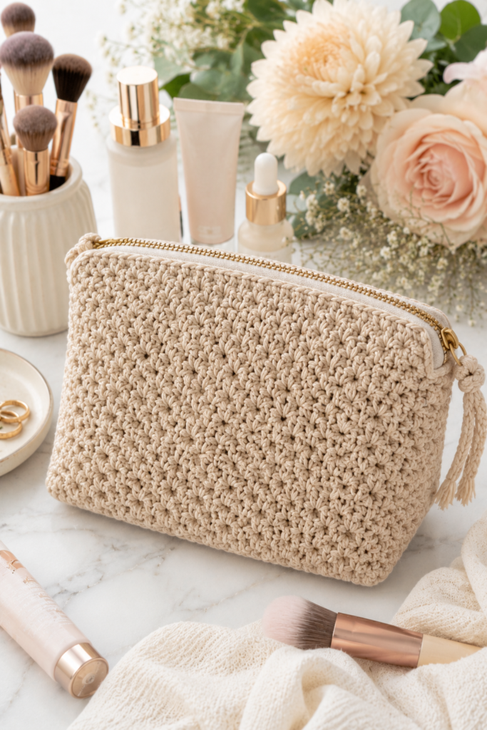 Handmade crochet makeup bag with zipper closure made from beige cotton yarn.