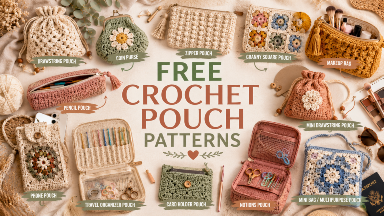 Collage of 10 handmade crochet pouch patterns including drawstring pouches, coin purses, zipper pouches, granny square pouches, makeup bags, phone pouches, and travel organizers with text reading "Free Crochet Pouch Patterns."