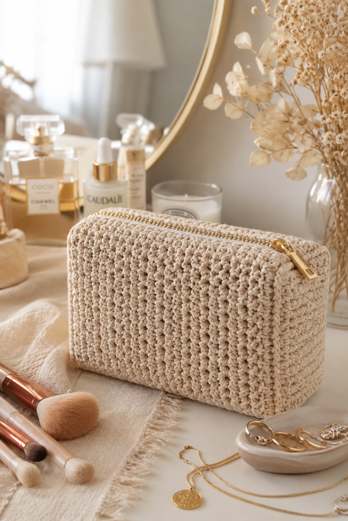 Handmade crochet makeup bag with zipper closure made from beige cotton yarn and displayed with makeup accessories.