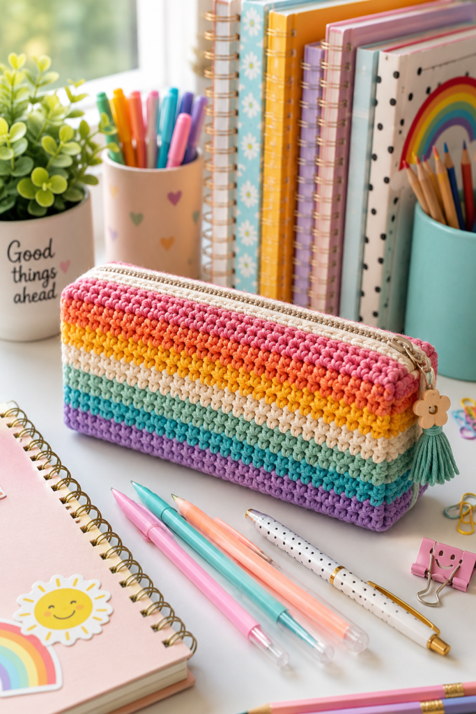 Colorful crochet pencil pouch with zipper closure displayed beside pens and notebooks