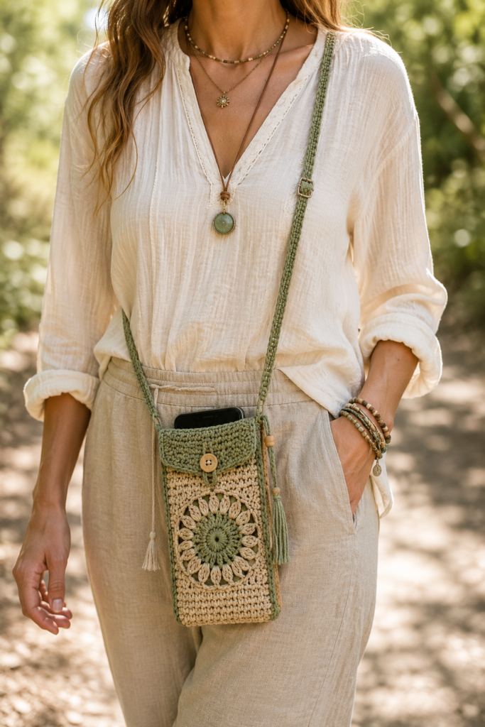 Crochet phone pouch with shoulder strap made from cotton yarn and styled as a crossbody accessory.
