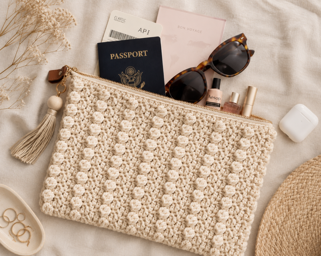 Large crochet travel organizer pouch with zipper closure and travel accessories arranged beside it.