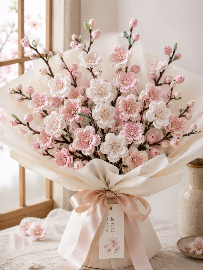 Crochet cherry blossom sprig bouquet featuring delicate pink blossoms arranged on realistic branch stems.
