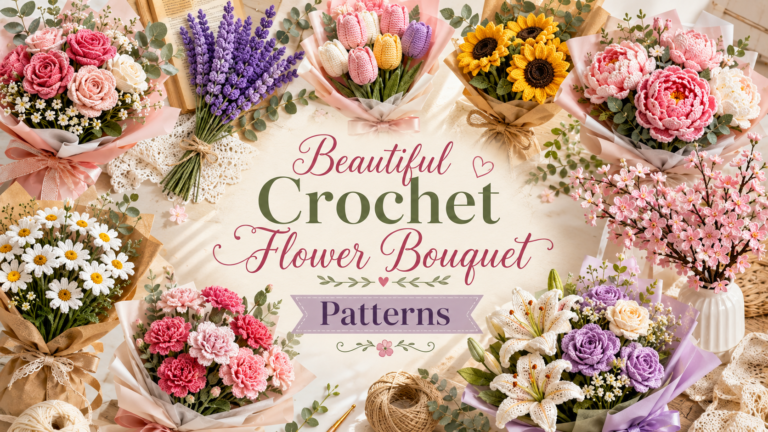 Colorful crochet flower bouquet collage featuring handmade roses, tulips, sunflowers, daisies, lavender, peonies, carnations, cherry blossoms, and lilies arranged in elegant wrapped bouquets