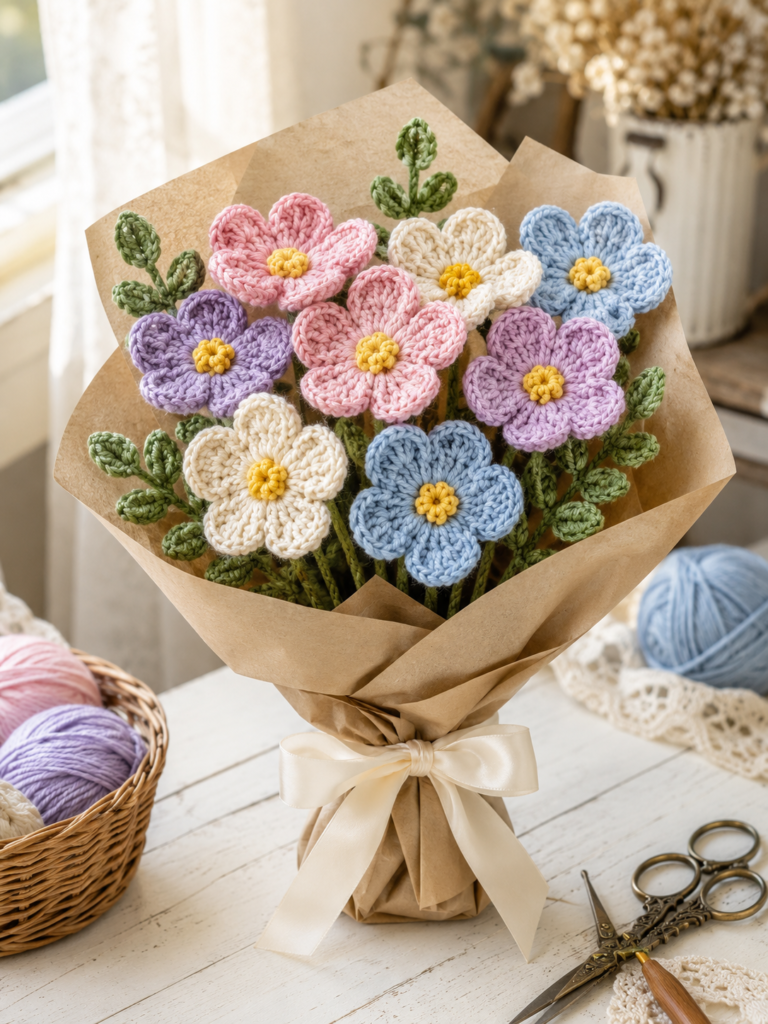 Classic 5-petal crochet flower bouquet in pastel colors wrapped in kraft paper with green crochet leaves and handmade floral arrangement.