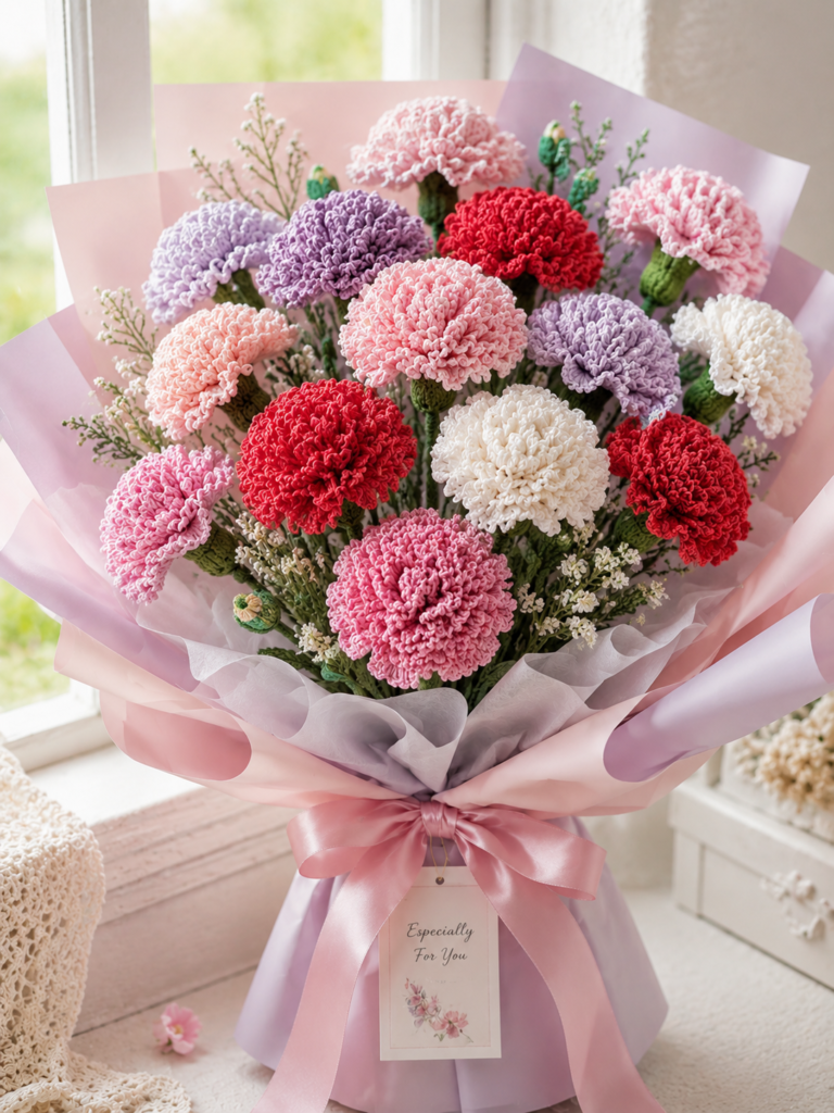 Crochet carnation bouquet with ruffled pink, white, and lavender flowers arranged in decorative wrapping.