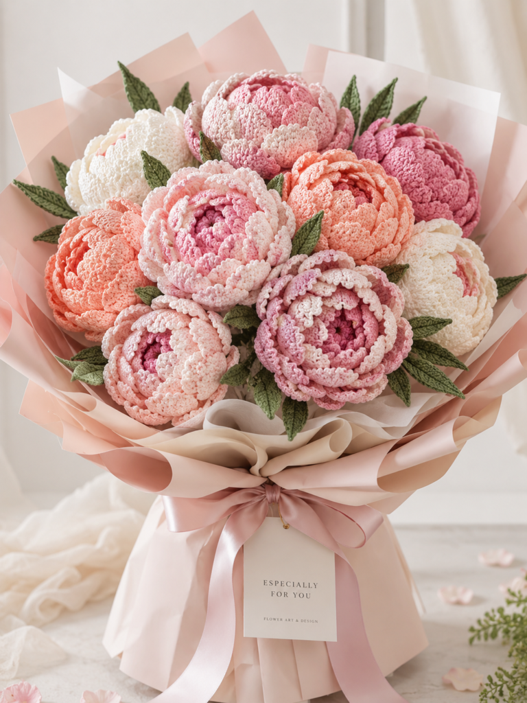 Crochet peony bouquet featuring large layered pink and cream flowers with realistic green leaves and elegant wrapping.