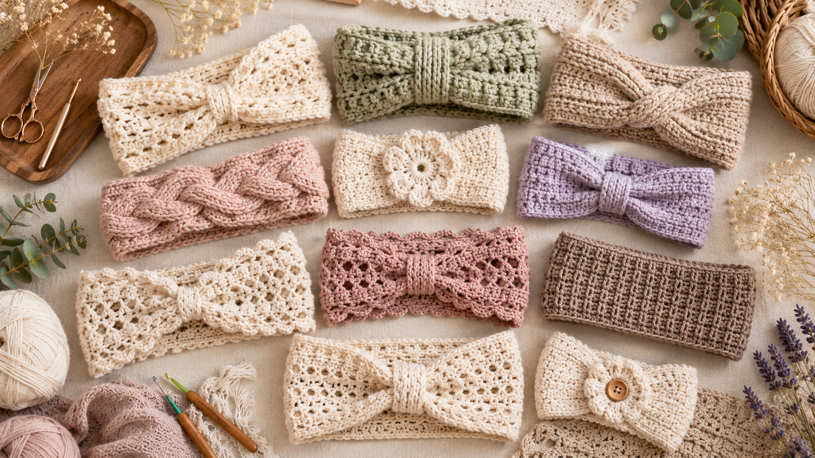 Collection of ten handmade crochet headbands including twisted, cable, flower, bow, chunky, boho, baby, summer, wide, and ear warmer styles arranged in a decorative flat lay with yarn and crochet accessories.