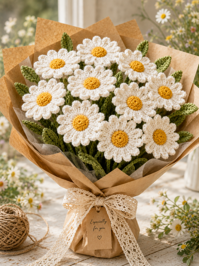 White crochet daisy bouquet with yellow centers, green leaves, and rustic cottagecore bouquet wrapping.