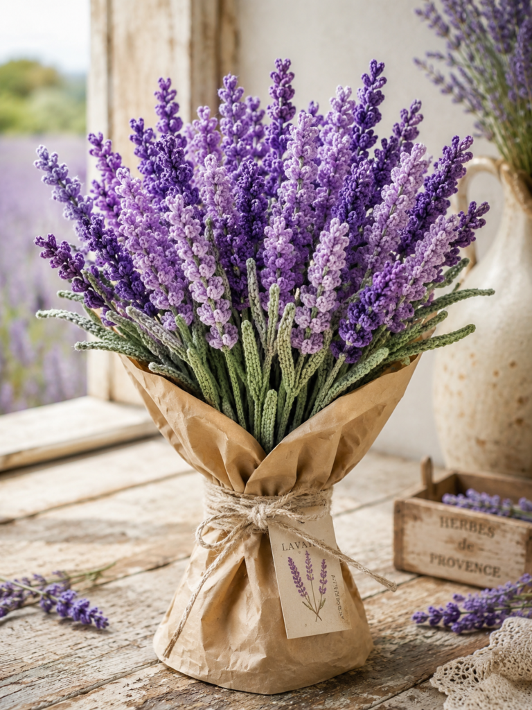 A Crochet Lavender Stem is one of the easiest ways to make a bouquet look fuller and more realistic. While lavender often works as a filler flower, a bouquet made entirely of lavender stems has a simple beauty of its own.

Crochet lavender stem bouquet featuring realistic purple lavender flowers and green stems wrapped in rustic kraft paper.