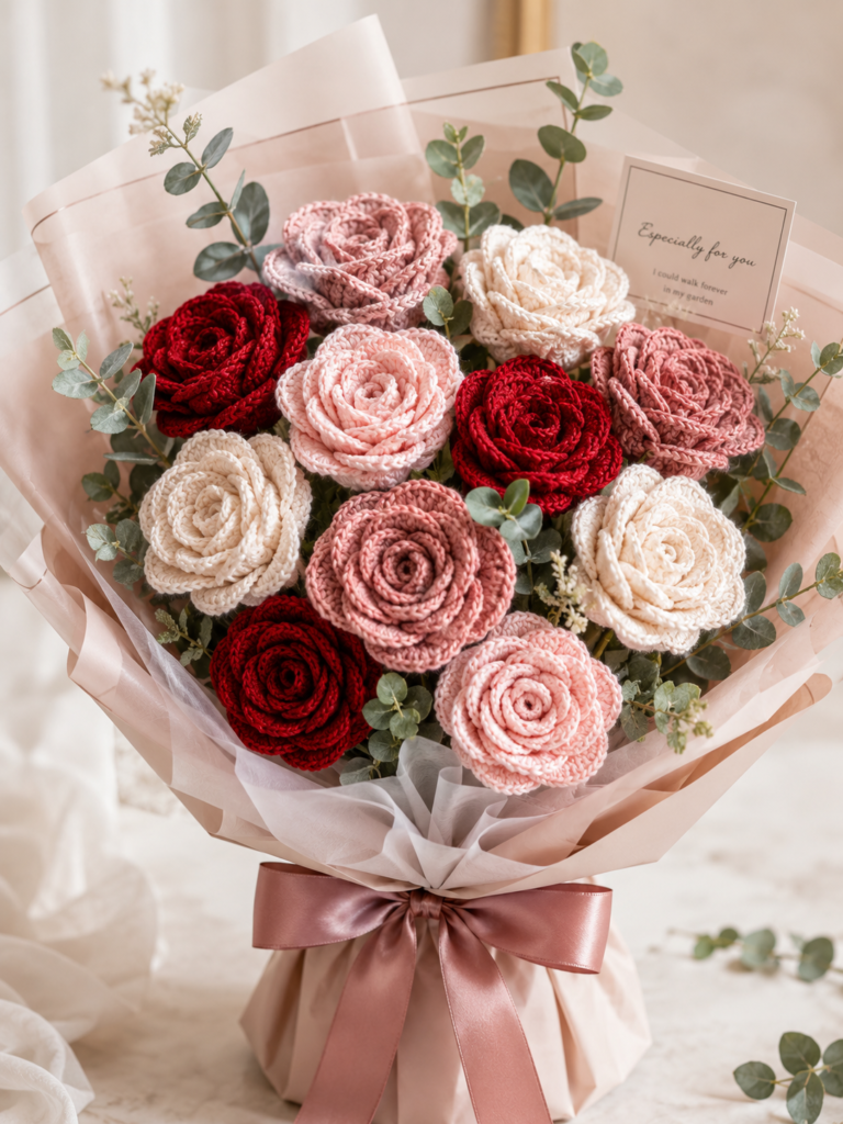 Realistic layered crochet rose bouquet featuring red, pink, and ivory roses with green leaves and elegant wrapping.