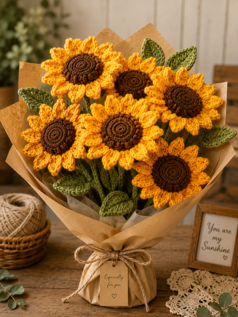 Bright crochet sunflower bouquet with yellow petals, brown centers, green leaves, and rustic kraft paper wrapping.