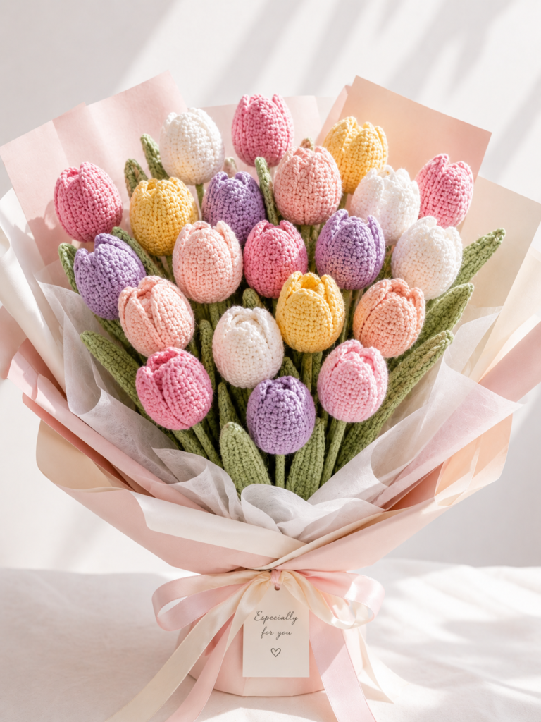 3D crochet tulip bouquet in pink, white, yellow, and lavender colors arranged in spring-inspired wrapping.