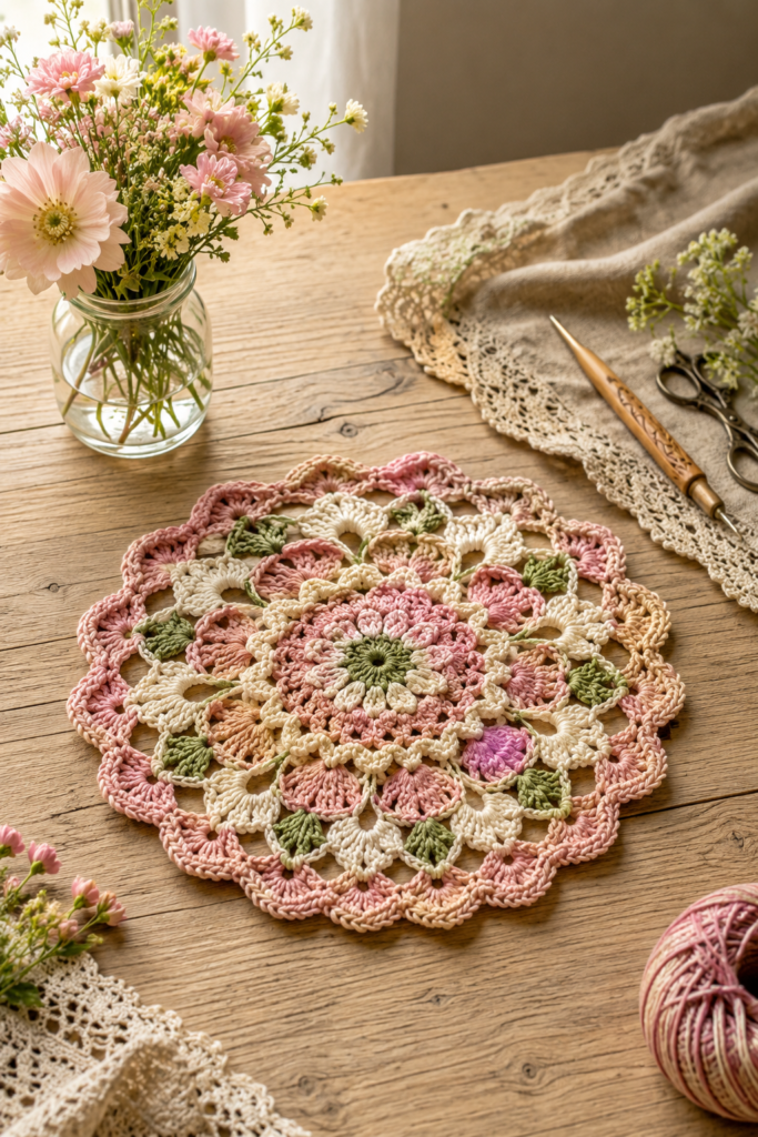 Modern minimalist crochet doily made with natural cream cotton yarn featuring clean geometric rounds and subtle openwork, displayed on a light oak coffee table with a ceramic vase and green branch.