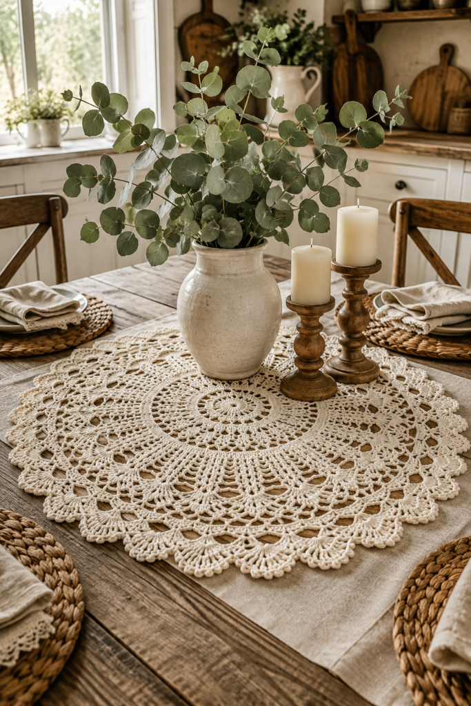 Cream farmhouse crochet doily centerpiece with lace stitches styled on a rustic wooden dining table with eucalyptus and ceramic décor.