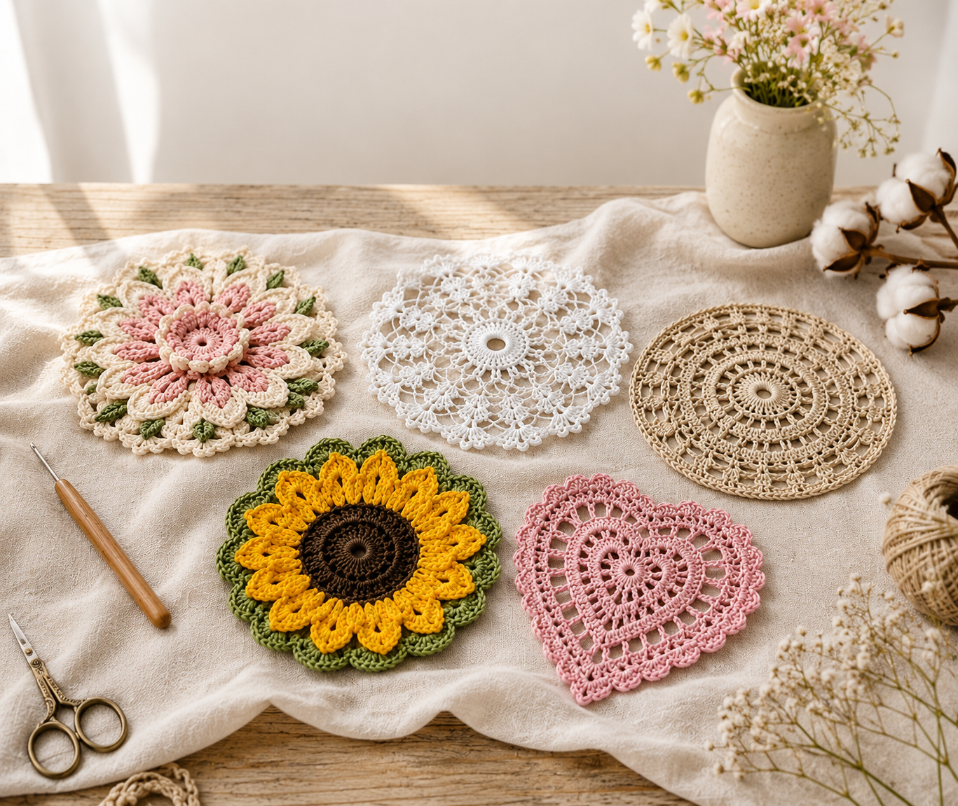 Five handmade small crochet doily patterns including floral, lace, minimalist, sunflower, and heart designs arranged on a rustic table.