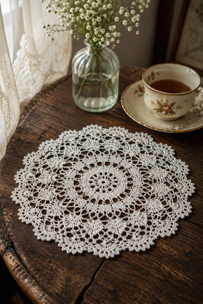 Delicate small white lace crochet doily with intricate openwork, shell stitches, picot details, and a scalloped border displayed on a dark rustic wooden table beside a vintage teacup.