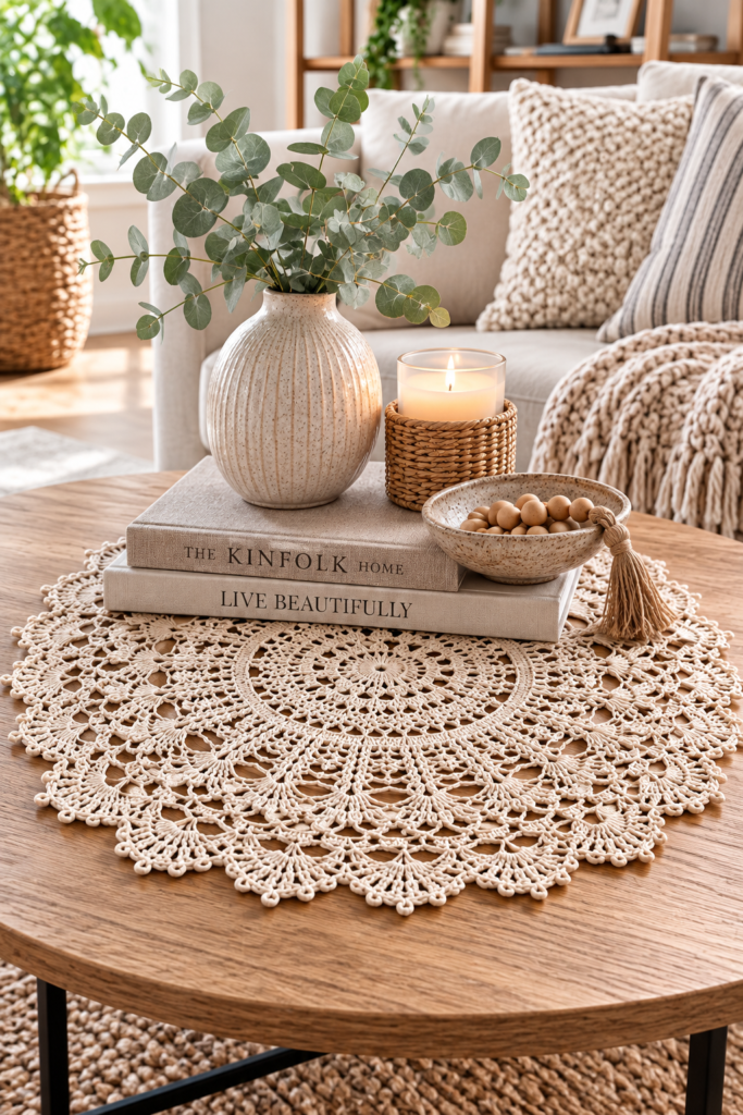 Beige crochet doily centerpiece layered beneath books, a candle, and eucalyptus on a modern oak coffee table.