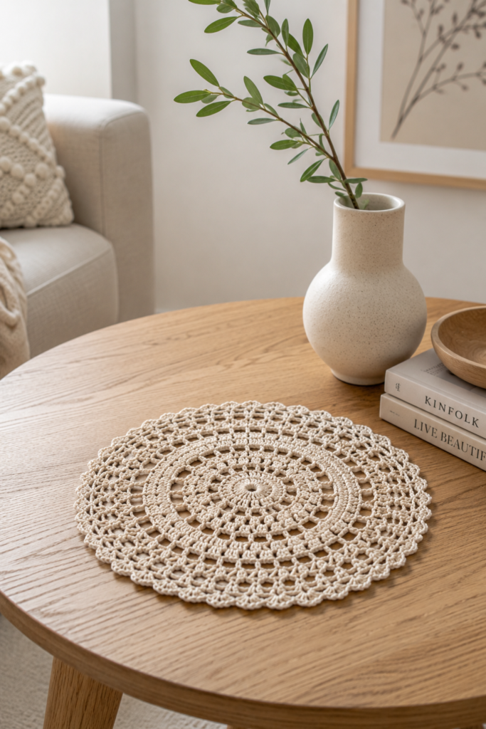 Mini floral crochet doily with blush pink and cream flower petals, sage green accents, delicate openwork lace, and a scalloped edge displayed on a rustic wooden table with fresh spring flowers.