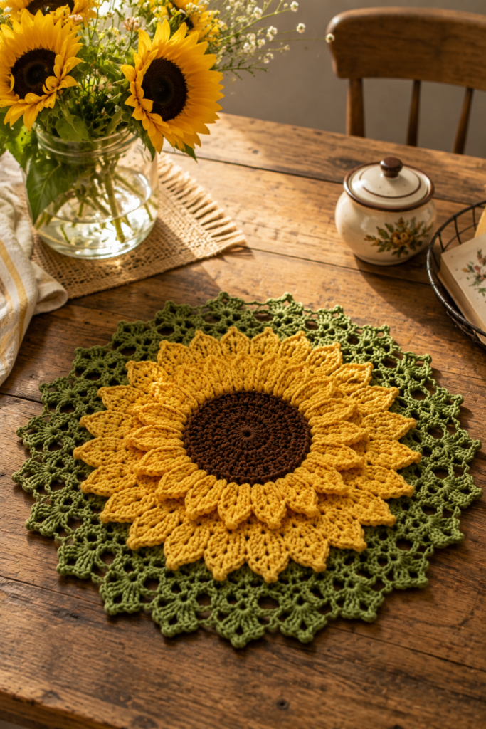 Handmade crochet sunflower doily with a textured dark brown center, golden yellow petals, and green leafy lace border displayed on a rustic wooden dining table beside fresh sunflowers.