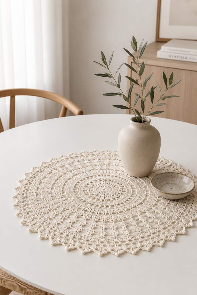 Minimalist ivory crochet doily centerpiece with geometric lace patterns on a white dining table beside a ceramic vase and olive branch.