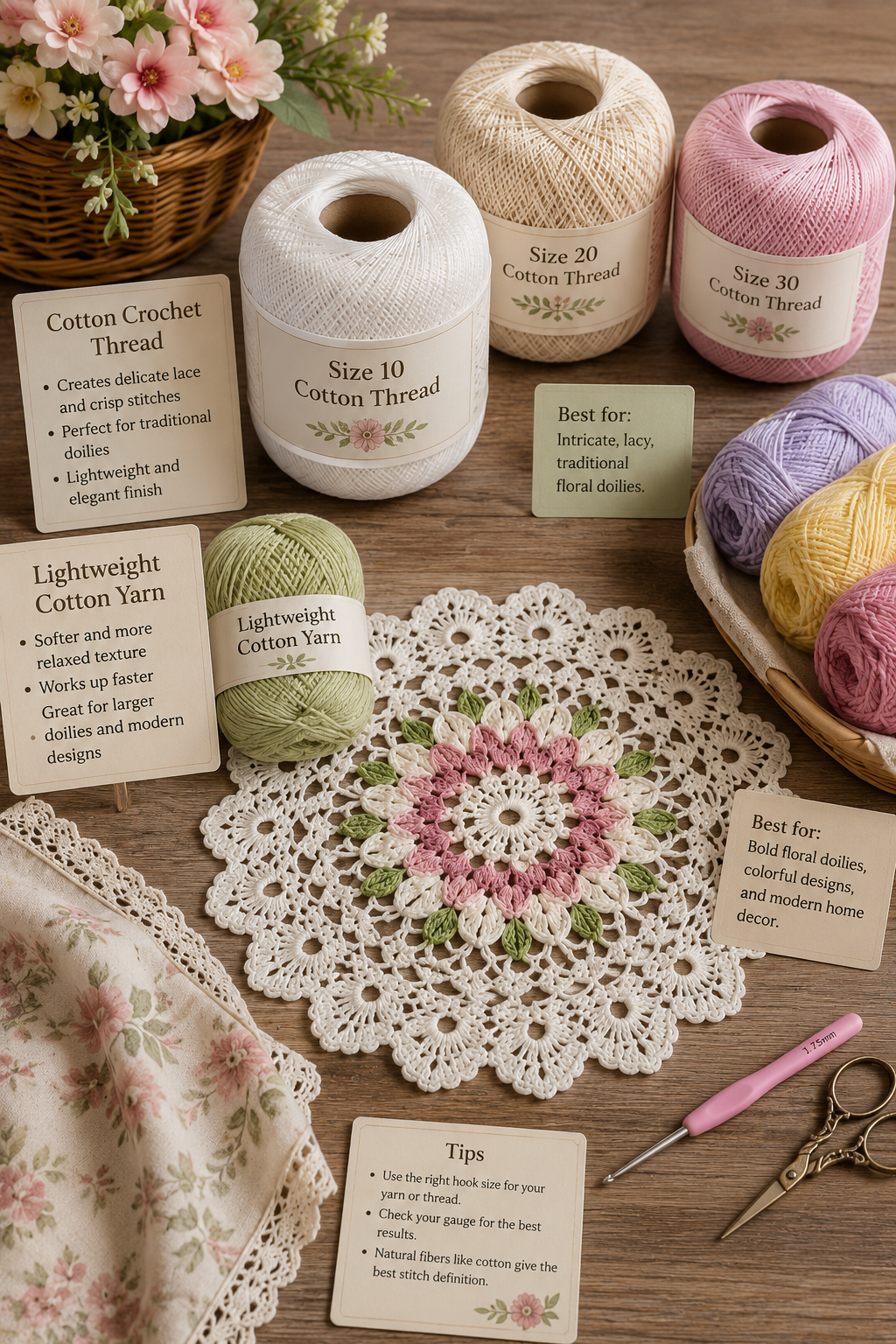 Cotton crochet thread and lightweight yarn arranged beside a handmade floral crochet doily in soft spring colors