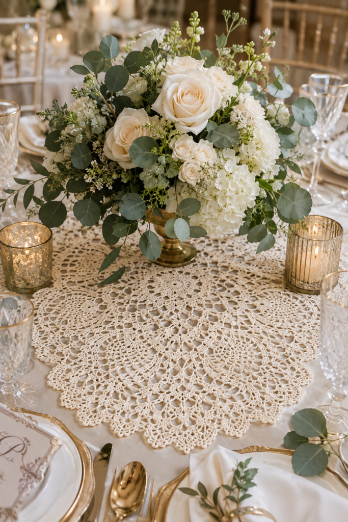 Ivory wedding crochet doily centerpiece beneath white roses and eucalyptus with candles and gold table décor.