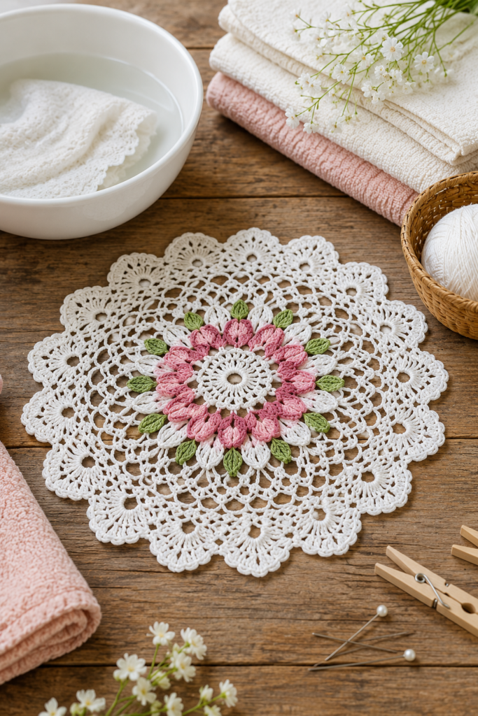 Handmade crochet doily being gently cleaned and reshaped on a light towel for proper care and maintenance.