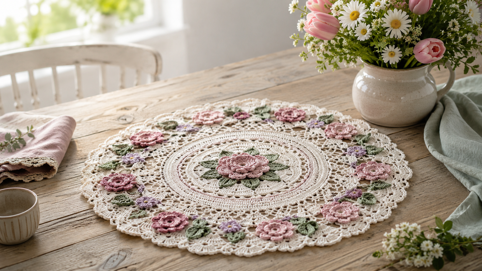 Spring floral crochet doily with pink flowers and green leaves styled on a rustic wooden table with fresh spring flowers.