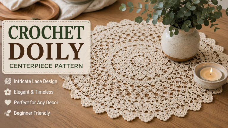 Ivory crochet doily centerpiece with intricate lace stitches styled with eucalyptus and a candle on a wooden dining table.